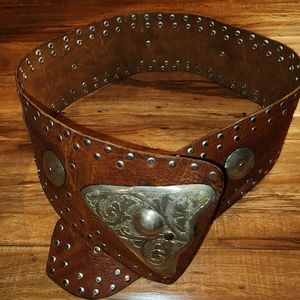 70's tan leather with silver detail wide hip hugger belt